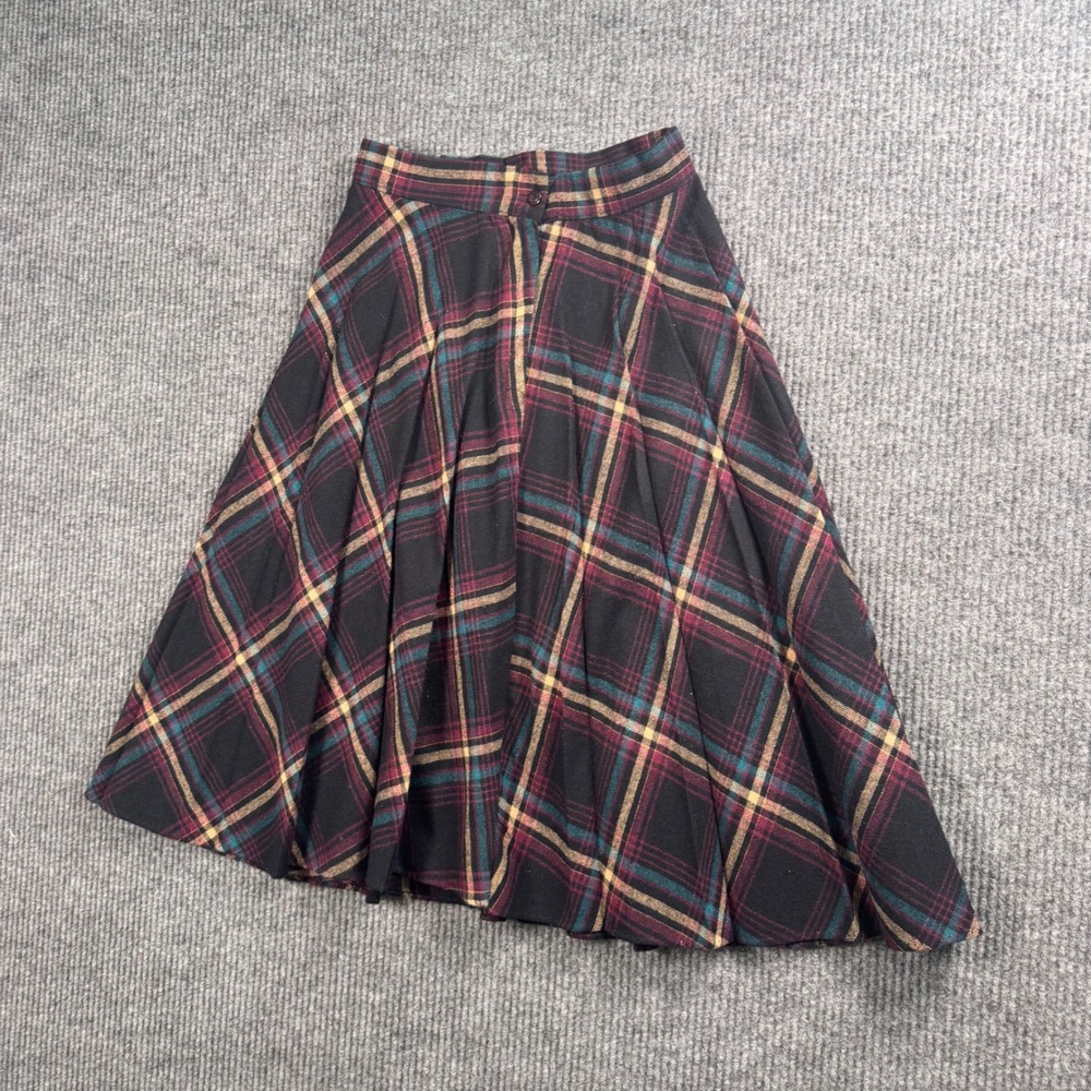 VTG 70s Plaid Pleated Midi Skirt Burgundy Green Academia Cottagecore A-Line Midi - Picture 2 of 5